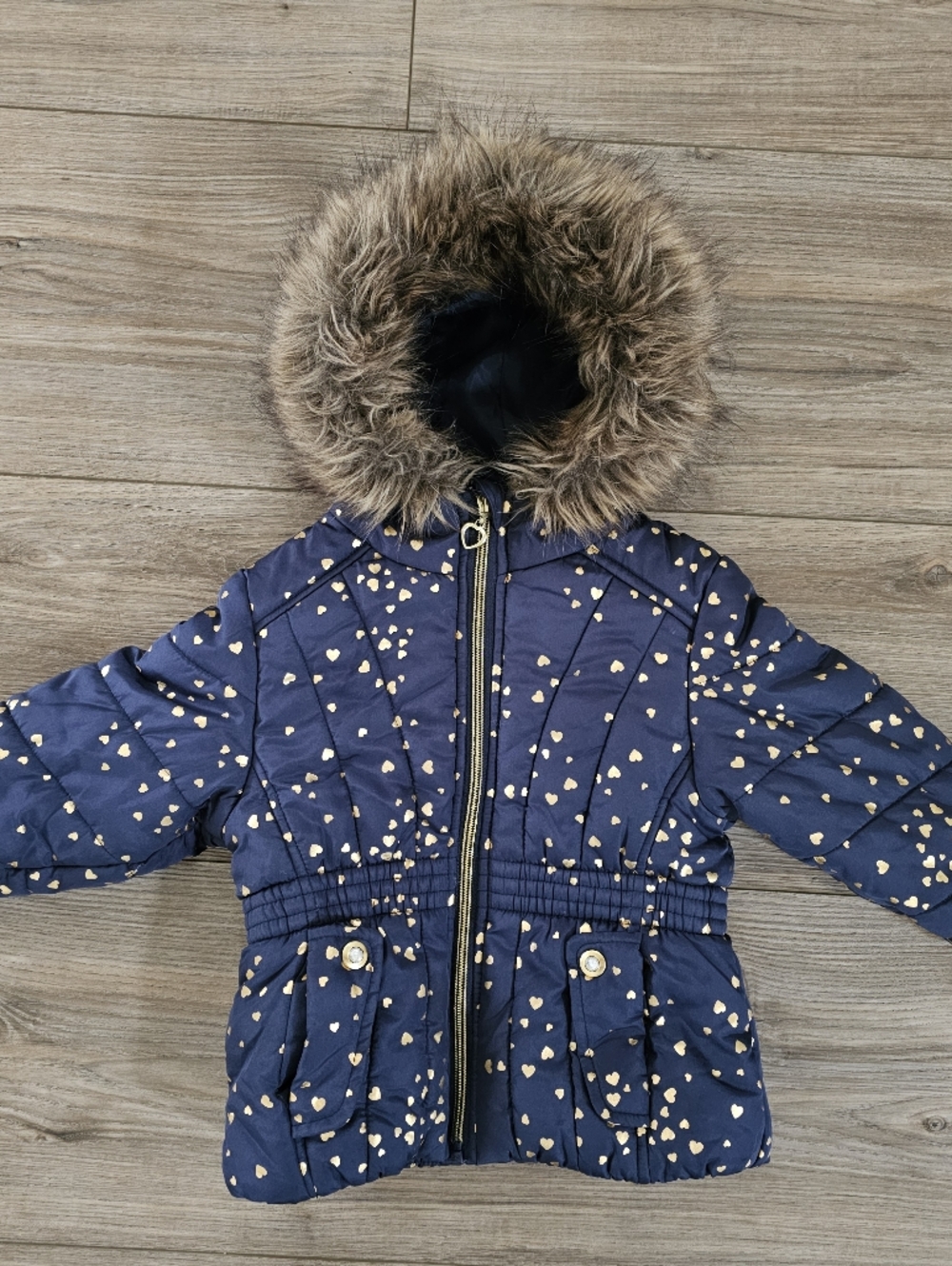 Navy Heart Print Puffer Coat with Faux Fur Hood